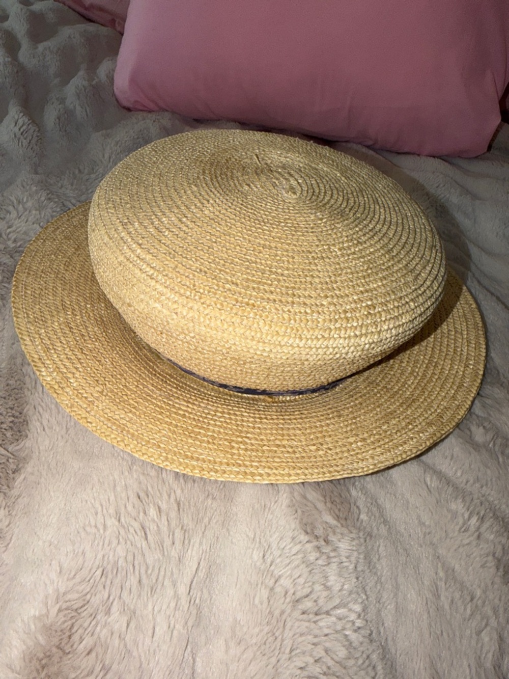 April Cornell Vintage Natural Straw Boater Hat with Blue Floral Bow - Picture 8 of 13